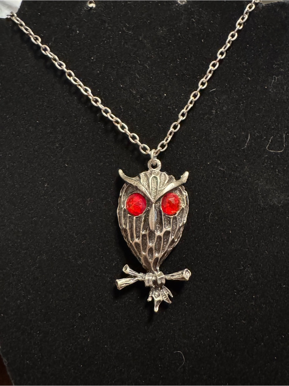 Silver Owl Pendant Necklace with Red Crystal Eyes